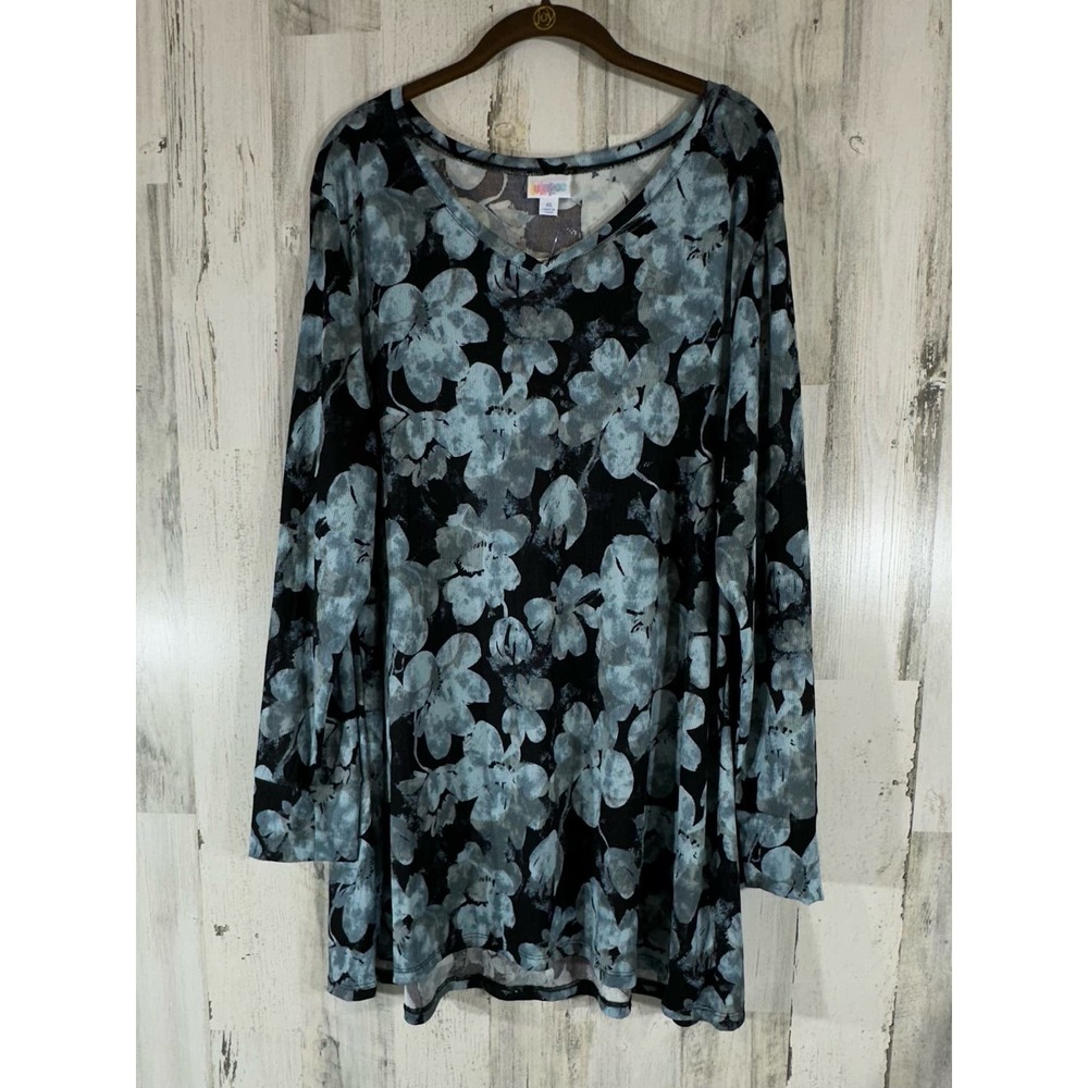 LulaRoe Womens Elizabeth Tunic XL Ribbed Black Blue Floral Watercolor